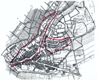 Plan 1842Cadastre corrigé (zones rouges)avec les éléments du terrier de1490 et des cartons de 1682